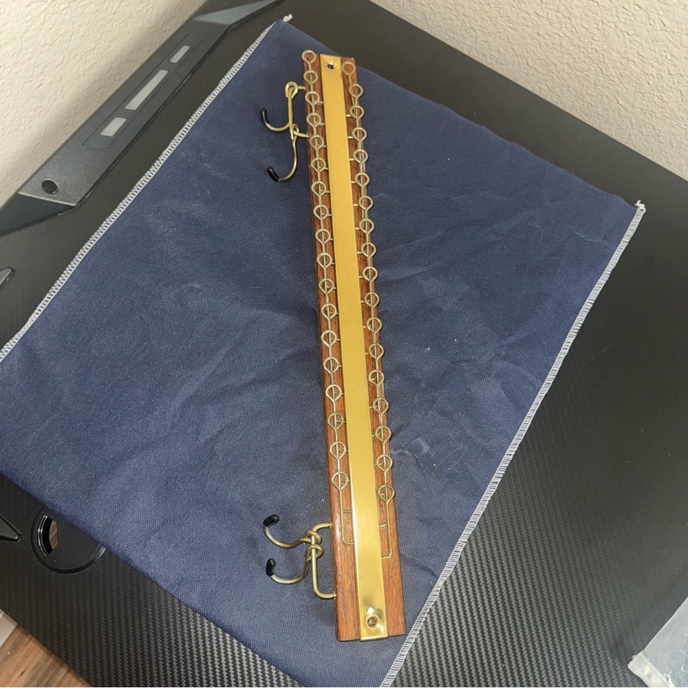 Vintage Brass & Wood Tie Scarf Rack Wall Mount Necklace Organizer